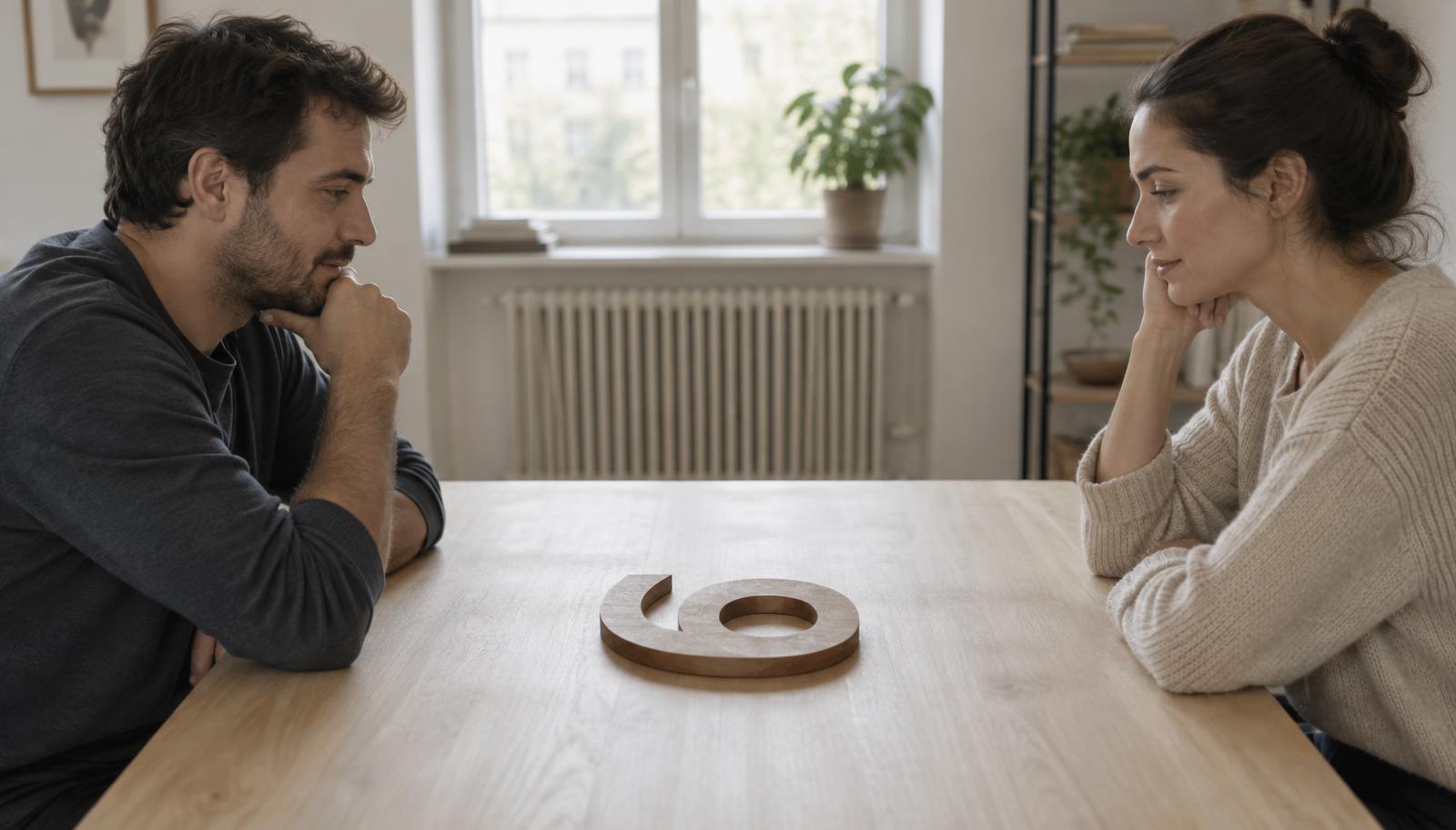 Two people sitting across a table with a numeral between them that reads as a 6 from one side and a 9 from the other.